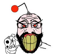 angry antenna balding beard clenched_teeth glasses gun hair hand large_eyebrows orange_eyes pointing pointing_at_viewer rage_comic reddit redditard soyjak subvariant:science_lover variant:markiplier_soyjak weapon white_skin yellow_teeth // 800x750 // 156.2KB