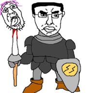 2soyjaks angry armor closed_mouth clothes ear glasses hair holding_object lance mustache oekaki open_mouth pink_hair shield soyjak stubble subvariant:chudjak_front tongue tranny variant:bernd variant:chudjak // 1060x1060 // 178.1KB