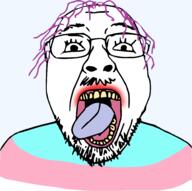clothes flag glasses hair mustache open_mouth purple_hair soyjak stubble tongue tranny trаnnу variant:bernd yellow_teeth // 4800x4768 // 1.4MB
