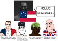 4soyjaks black_skin blue_eyes communism flag:confederate_states_of_america_(7_stars) flag:france flag:united_kingdom gigachad glasses hammer_and_sickle muscles speech_bubble stubble subvariant:chudjak_front subvariant:hornyson subvariant:muscular_chud text union variant:chudjak variant:cobson variant:soyak watermelon white_skin // 1068x757 // 343.5KB