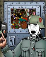 bloodshot_eyes brown_skin button clothes coal door ear fnf_pedo gas_chamber hand hanging hat helmet nazism schutzstaffel shitskin subvariant:chudplier subvariant:crazyguyjak trend:jartycuck trend:slopjak uniform variant:bernd variant:cobson variant:impish_soyak_ears variant:markiplier_soyjak variant:monkeyjak variant:sloppy window // 1096x1340 // 1.9MB