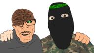 2soyjaks arabic_text arm brown_eyes brown_hair camouflage friendship glasses green_eyes hamas_2(namefag) hand happy islam joel_(user) looking_at_you no_more_brother_wars orange_skin shahada shia smile soyjak stubble sunni variant:cobson variant:feraljak white_skin // 1920x1080 // 553.4KB