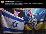 2soyjaks animal arm bunker clothes country ear flag flag:israel flag:ukraine glasses hat holding_object irl israel jewish_nazi judaism kippah nazism open_mouth phone pig pink_skin snout soyjak star_of_david stubble text twitter ukraine variant:nojak // 800x600 // 621.1KB