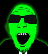 central_intelligence_agency clothes fed glasses glowing green green_skin microphone open_mouth soyjak stubble suit trend:glowie variant:punk_revolution_soyjak // 660x756 // 99.0KB