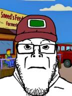 closed_mouth clothes downs_syndrome drawn_background glasses hat looking_at_you neutral small_eyes sneed stubble subvariant:downplier variant:markiplier_soyjak // 600x800 // 298.0KB