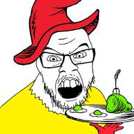 angry clothes dr_seuss food glasses green_eggs_and_ham hand hat holding_object holding_plate open_mouth plate sam_i_am soyjak stubble variant:feraljak wizard_hat // 900x900 // 385.2KB