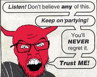 angry clothes demon glasses horn mustache open_mouth red_skin speech_bubble stubble text variant:feraljak // 480x379 // 257.2KB