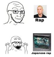 bald closed_mouth eminem excited glasses hand hands_up japan neutral open_mouth rap soyjak stubble text thing_japanese variant:excited_soyjak variant:soyak xenoblade // 848x900 // 53.1KB