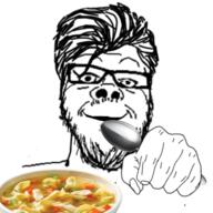 beard food glasses hair hand holding_object mustache smile soup soyjak spoon variant:a24_slowburn_soyjak // 720x720 // 400.5KB