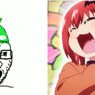 android animated anime beanie clothes gabriel_dropout glasses hat jumping open_mouth ornament satania shaking soyjak stubble technology variant:soyak // 1000x491 // 879.8KB