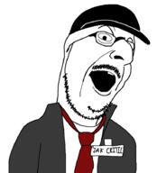 cap clothes glasses hat mustache necktie nostalgia_critic open_mouth soyjak stubble suit text variant:larson // 822x909 // 19.1KB