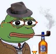 alcohol amphibian bottle chivas_regal closed_mouth clothes collared_shirt drink fair_isle frog glass glssses green_skin lips nas:pepe necktie pepe pepe_the_frog pipe smoke smoking sport_coat suit suit_and_tie sweater tortoise_glasses whiskey // 1241x1202 // 1.0MB