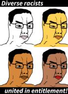4soyjaks angry asian black_skin brown_skin glasses hair small_eyes soyjak text variant:chudjak yellow_skin // 680x949 // 225.2KB