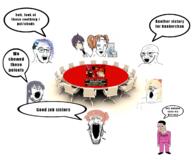 anime arm clothes flag full_body gay glasses hair hand holding_object leftypol leg lgbt meeting multiple_soyjaks mustache open_mouth orange_hair soyjak speech_bubble stubble table tagme_weeb_name tranny variant:chudjak variant:markiplier_soyjak variant:soyak variant:tony_soprano_soyjak yellow_hair // 1200x1000 // 490.0KB