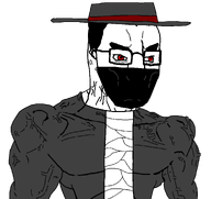 bandage buff clothes dunchenman_(user) glasses grey_shirt hat mask meta:namefags red_eyes subvariant:muscular_chud_side transparent_background variant:chudjak // 1345x1270 // 93.0KB
