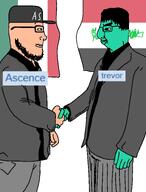 2soyjaks arm ascence_(user) beard blue_skin cap closed_mouth clothes flag:iraq flag:italy full_body glasses green_eyes hair handshake hat iraq italy mustache smile soyjak squidward subvariant:sideplier suit trevor(user) variant:chudjak variant:markiplier_soyjak white_skin // 1185x1562 // 208.9KB