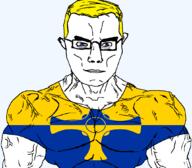arm aryan blue_eyes british buff closed_mouth clothes cross cross_of_saint_cuthbert durham ear england flag flag:durham glasses hair soyjak subvariant:chudjak_front subvariant:muscular_chud tshirt united_kingdom variant:chudjak vein yellow_hair // 1059x929 // 82.0KB
