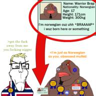 angry autism award brown_skin closed_mouth clothes facial_mark fat flag:norway flag:transgender_pride_flag forehead_mark frown glasses goatee greentext headband hello_my_name_is_(sticker) hoodie looking_at_each_other mutt namefag_drama orangetext soyjak star_and_crescent star_of_david stubble subvariant:euroaryan transheart trend:aryan variant:meximutt warrior-z_(user) white_background will_never_be_white_award yellow_hair // 3000x3000 // 1.7MB