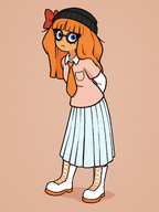 beanie blue_eyes boots bow closed_mouth clothes crossover full_body glasses hat looking_at_you mymy_(ongezellig) necktie ongezellig orange_hair orange_tie red_bow skirt variant:soytan // 1536x2048 // 2.2MB