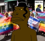 Zionist-Y_(Namefag) black_skin book brown_skin closed_mouth clothes flag:gay_pride_flag flag:israel hat irl_background judaism looking_to_the_left payot subvariant:brazilmutt tagging_later yellow_sclera // 888x818 // 832.1KB