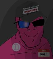 blue blue_eyes button closed_mouth clothes dark doll_(user) eyepatch glasses hat name_tag ominous pink pink_skin smile soyjak stubble text variant:feraljak // 818x910 // 187.8KB