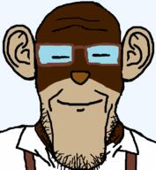 bobo_the_sharty_janny closed_eyes closed_mouth ear glasses janny monkey smile soyjak stubble suspenders variant:markiplier_soyjak // 600x650 // 8.6KB