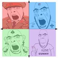 5soyjaks arm bbc bowtie cap christianity clothes communism cunny facial_mark female fist forehead_mark girl glasses hair hammer_and_sickle hand hat holding_object i_love jesus kgb nose_piercing nose_ring open_mouth painted_nails pedophile political_compass queen_of_spades smile soyjak stubble subvariant:slutson subvariant:soylita tattoo tshirt variant:cobson variant:gapejak yellow_hair // 867x868 // 272.3KB