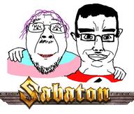 2soyjaks arm closed_mouth clothes ear flag glasses hair hand happy holding_object makeup mustache nazism purple_hair sabaton smile soyjak stubble subvariant:chudjak_front swastika text tranny variant:bernd variant:chudjak // 662x563 // 216.8KB