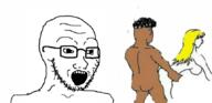 arm cuck ear glasses hair hand holding_object leg nsfw open_mouth sex soyjak stubble variant:soyak yellow_hair // 860x416 // 174.7KB