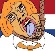 anti_ongezellig cartoon clothes country crying dutch flag glasses hair hanging mustache mymy necktie netherlands ongezellig open_mouth orange_hair orange_skin rope soyjak stubble suicide tranny variant:bernd // 768x719 // 316.1KB