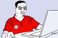 blue_background closed_mouth clothes computer_mouse eyebags frown glasses hand irritated laptop lips red_shirt serious shadow swastika table variant:chudjak white_skin wire // 736x492 // 15.7KB