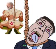 ass bloodshot_eyes brazil broly_culo brown_skin clothes crying glasses hair hanging jair_bolsonaro lula_da_silva necktie open_mouth politics rope soyjak suit tongue variant:bernd yellow_teeth // 1500x1309 // 884.9KB
