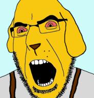 angry animal bloodshot_eyes blue_background clothes dog ear glasses janny open_mouth snout soyjak stubble suspenders variant:cobson yellow_skin // 676x707 // 62.0KB