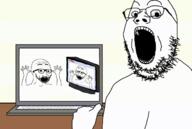 3soyjaks 4chan animated arm computer crazed glasses hand hands_up open_mouth screen soyjak stubble text variant:excited_soyjak variant:gapejak // 1280x862 // 182.1KB