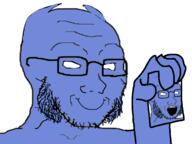 2soyjaks arm blue_skin closed_mouth discord glasses hand holding_object holding_photo horn no_pupils open_mouth photo smile soyjak stubble variant:soyak white_background // 1200x900 // 212.1KB