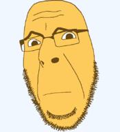 anguished closed_mouth emoticon frown glasses lowered_eyebrows series:soymoji soyjak stubble variant:cobson worried yellow yellow_skin // 775x849 // 37.8KB