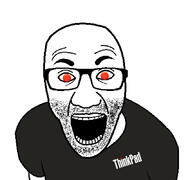 arm black_shirt clothes glasses open_mouth red_eyes soyjak stubble text thinkpad tshirt variant:el_perro_rabioso // 1281x1200 // 141.7KB