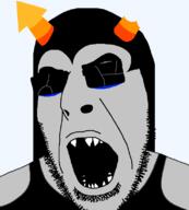 angry broken_glasses clothes equius_zahhak glasses grey_skin hair homestuck horn missing_teeth open_mouth sharp_teeth soyjak stubble troll_(homestuck) variant:cobson zodiac // 721x800 // 19.5KB