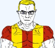 arm blue_eyes buff closed_mouth clothes country flag flag:lodz glasses hair lodz poland soyjak subvariant:chudjak_front subvariant:muscular_chud transparent transparent_background tshirt variant:chudjak vein voivodeship yellow_hair // 1059x929 // 46.5KB