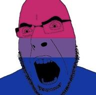 bisexual flag flag:bisexual_pride_flag glasses open_mouth pride_flag soyjak stubble variant:cobson // 495x492 // 49.9KB