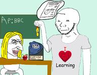 apple arm bloodshot_eyes closed_mouth clothes comic_sans crying drawn_background ear hand happy_merchant holding_object hypnotized i_love judaism large_nose mrs_soystein multiple_soyjaks objectsoy open_mouth school sharpener smug soyjak spiral_eyes stretched_mouth stubble teacher variant:a24_slowburn_soyjak variant:impish_soyak_ears variant:soyak worm yellow_hair // 1300x1000 // 276.3KB