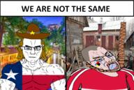 2soyjaks bloodshot_eyes blue_eyes brown_hair buff chud clothes country cowboy_hat crying flag flag:poland flag:texas freckles glasses hair hanging hat poland polish rope soyjak subvariant:chudjak_front subvariant:muscular_chud texas text tranny variant:chudjak we're_not_the_same // 1603x1080 // 2.2MB