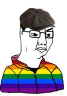 angry cap clothes flag gay glasses hat jacket lgbt soyjak variant:chudjak // 720x1034 // 245.9KB