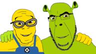 brown_eyes closed_mouth dreamworks friends friendship glasses green green_skin hand looking_at_you minion no_more_brother_wars ogre ogre_ears shrek smile stubble variant:cobson variant:feraljak yellow yellow_skin // 1920x1080 // 394.0KB