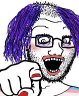 clothes crazed flag glasses hair hand looking_down makeup necklace open_mouth painted_nails pointing purple_hair soyjak stubble subvariant:crazed_troonjak subvariant:soyak_(crazed) tranny variant:soyak // 529x637 // 129.0KB