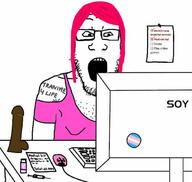 bbc clothes computer dildo glasses keyboard meta:pornographic_content nsfw open_mouth paper pink_hair shocked soyjak stubble tattoo tranny variant:markiplier_soyjak // 614x582 // 40.9KB
