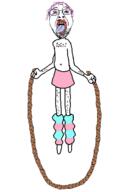 animated arm bloodshot_eyes body_hair crying glasses hair hand holding_object jump jump_rope leg mustache open_mouth pun purple_hair skirt sock soyjak stubble tranny variant:bernd // 500x715 // 109.1KB