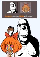 anti_ongezellig biting_lip blood bow closed_mouth clothes creepy cum evil glasses grin hand hunger_games mymy necktie ongezellig orange_hair orange_skin red_eyes rope stubble subvariant:hornyson text variant:cobson // 1091x1564 // 236.6KB