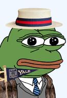 amphibian boater_hat closed_mouth clothes coat coat_of_arms collared_shirt college flag frog fur_coat green_skin hat holding_object lips looking_at_you nas:pepe necktie neutral pennant pepe_the_frog series:pepe_hat shield sports straw_hat suit suit_and_tie transparent_background university yale_university // 1008x1479 // 808.6KB