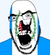 animal eating flag flag:irkutsk_oblast full_head glasses hair irkutsk looking_to_the_right oblast open_mouth plant russia soyjak stubble teeth text tiger transparent transparent_background variant:cobson weasel wreath // 721x789 // 127.8KB